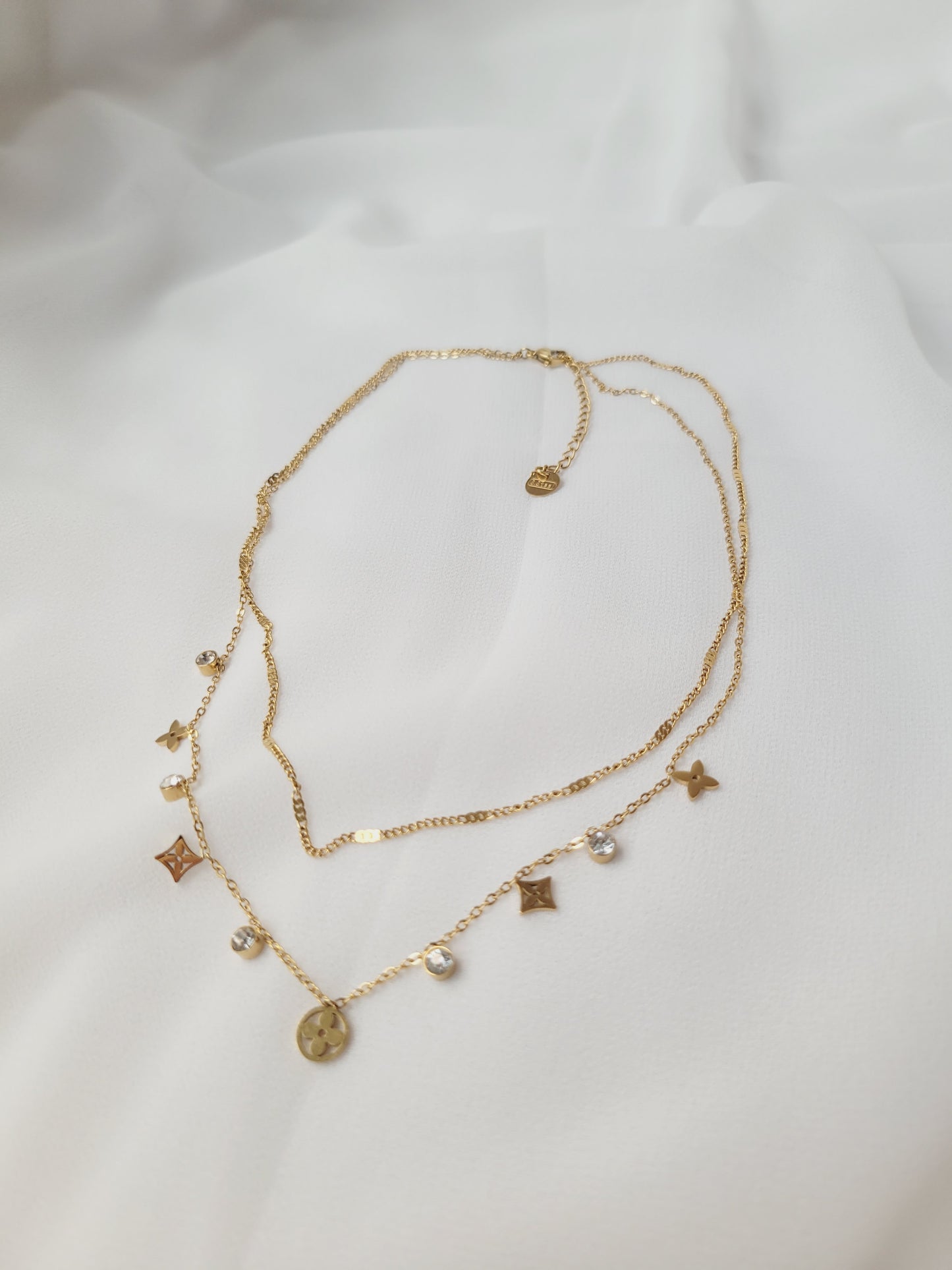 Double chain Blossom Necklace with Stones