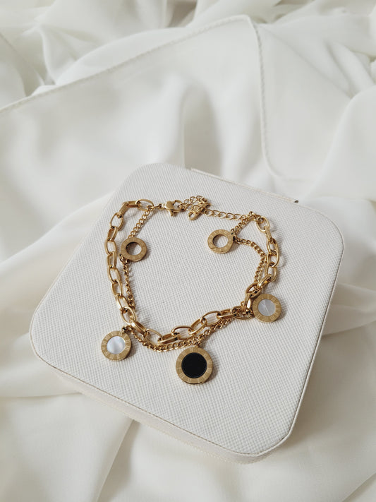 Double White Circle with Black Circle Double Chain Bracelet