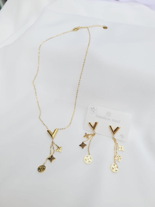 Alphabet V Necklace & Earrings with Blossoms